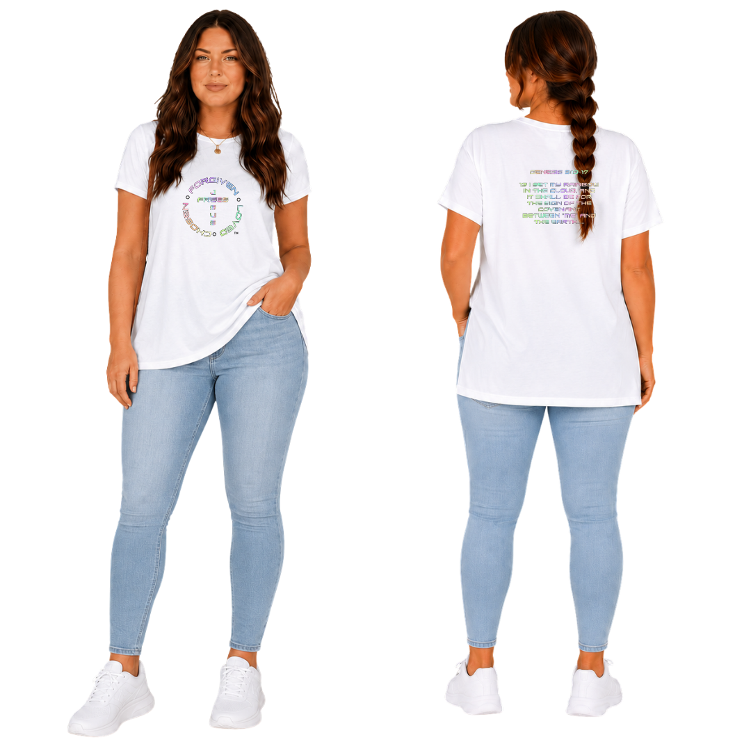 Jesus Frees - G64 Soft Style White Cotton Women's T-Shirt - God's Covenant 143 Rainbow
