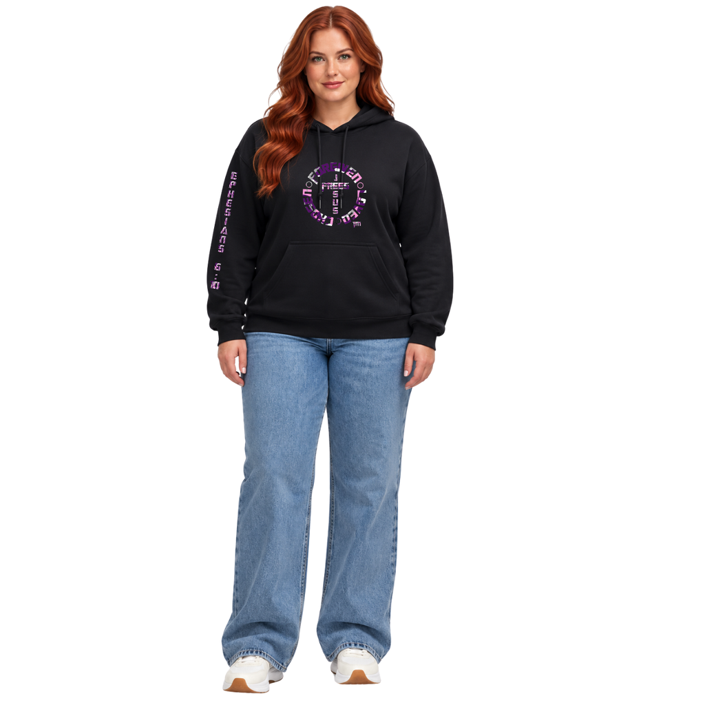 Jesus Frees™ Apparel | Women’s Sand Scripture Hoodie | Font 153 Pink-Purple Camo