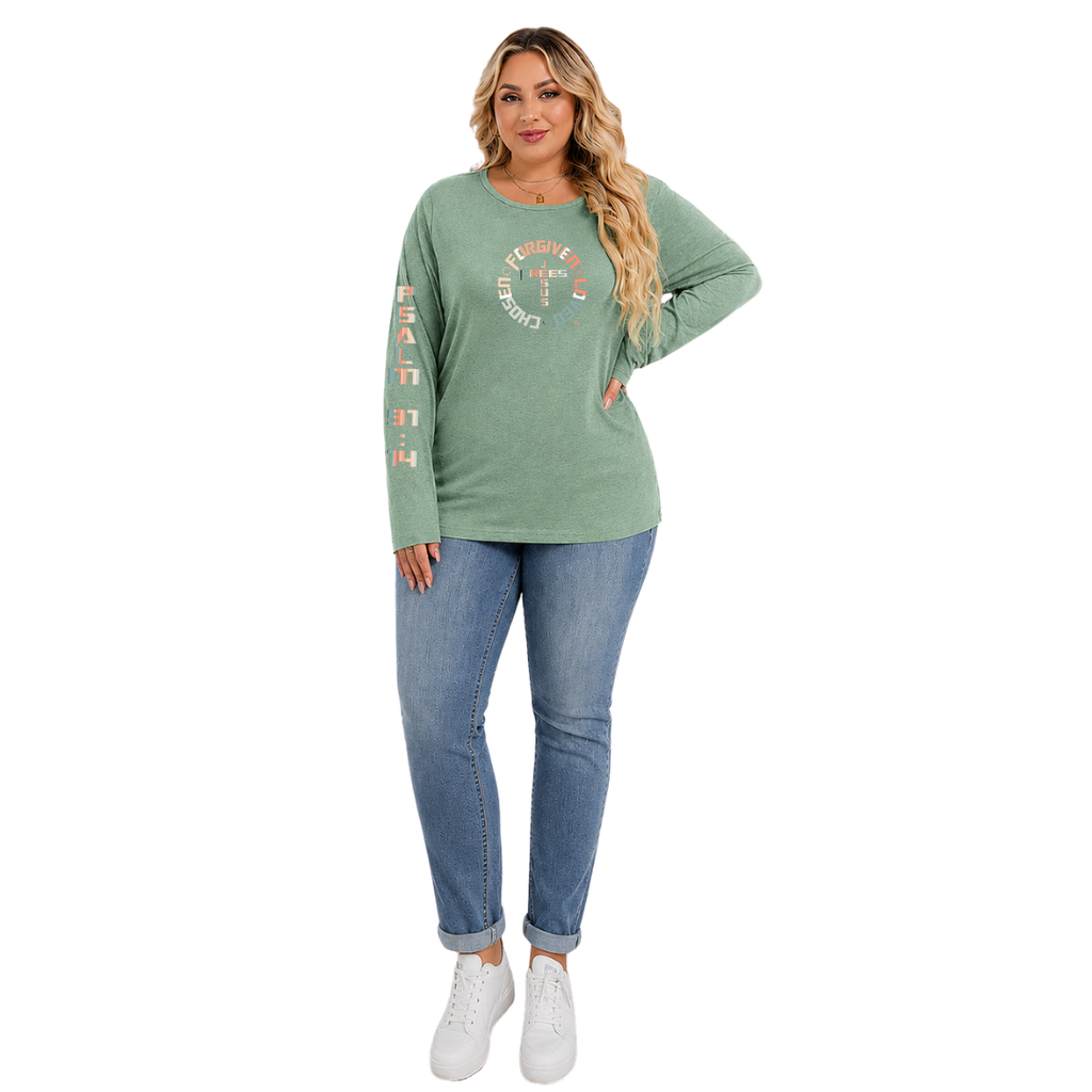 Jesus Frees - Joell Women's Long Sleeve Pastel Green Heather Crew Neck Shirt - 153 Vertical Pastel