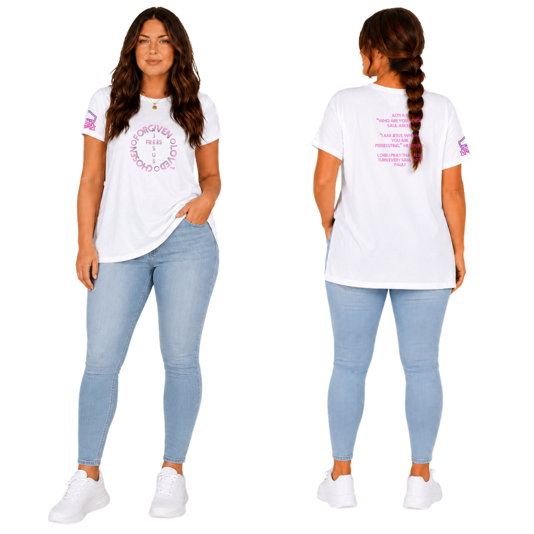 Jesus Frees - G64 Soft Style White Cotton Women's T-Shirt - For the Bold & Courageous - Acts 9:5 + Prayer Font 122 Pink
