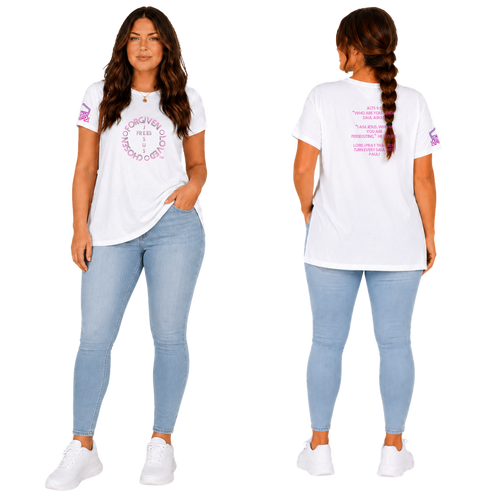 Jesus Frees - G64 Soft Style White Cotton Women's T-Shirt - For the Bold & Courageous - Acts 9:5 + Prayer Font 122 Pink