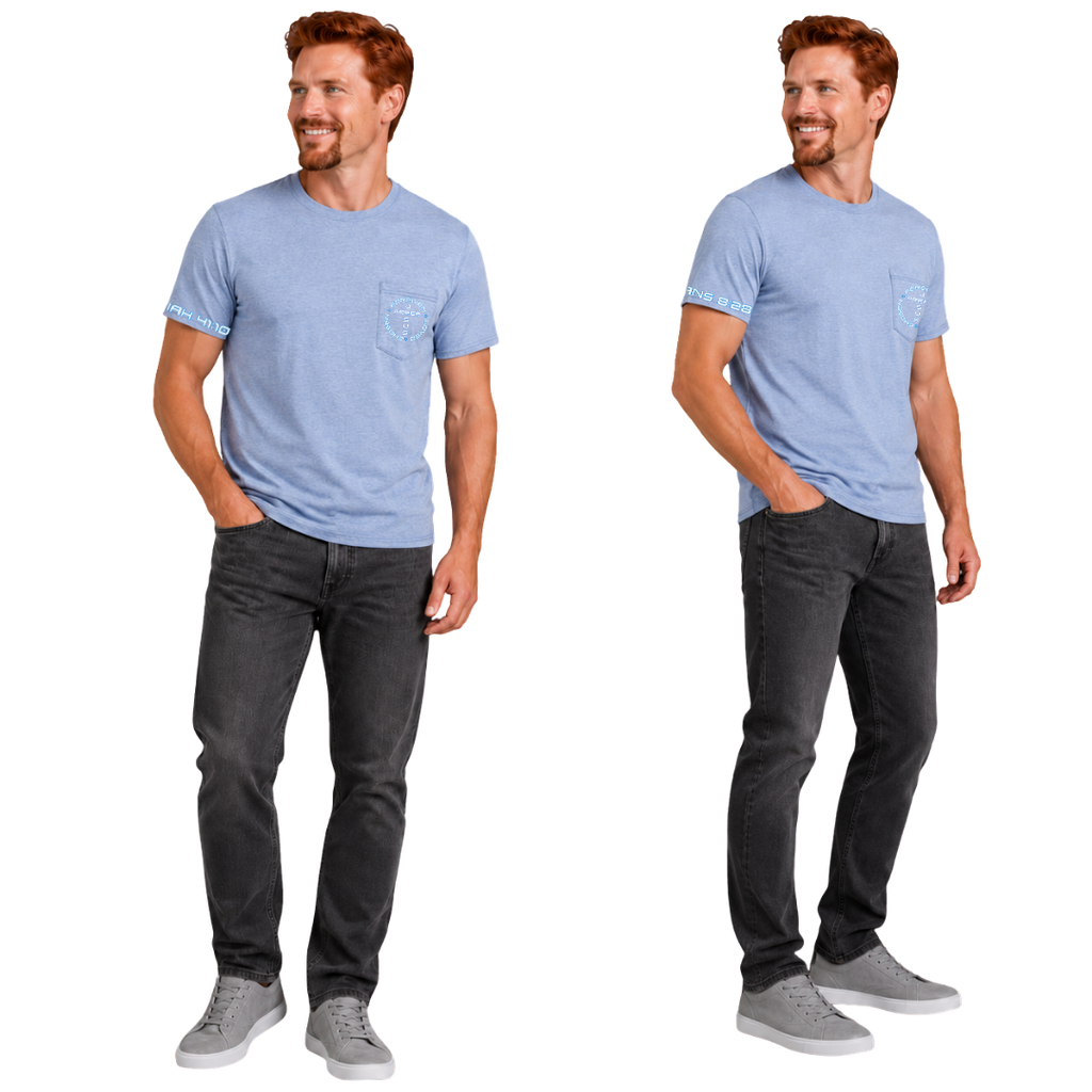 Jesus Frees - HP Pocket Cotton Men's T-Shirt - Font 143 White with Blue Outline