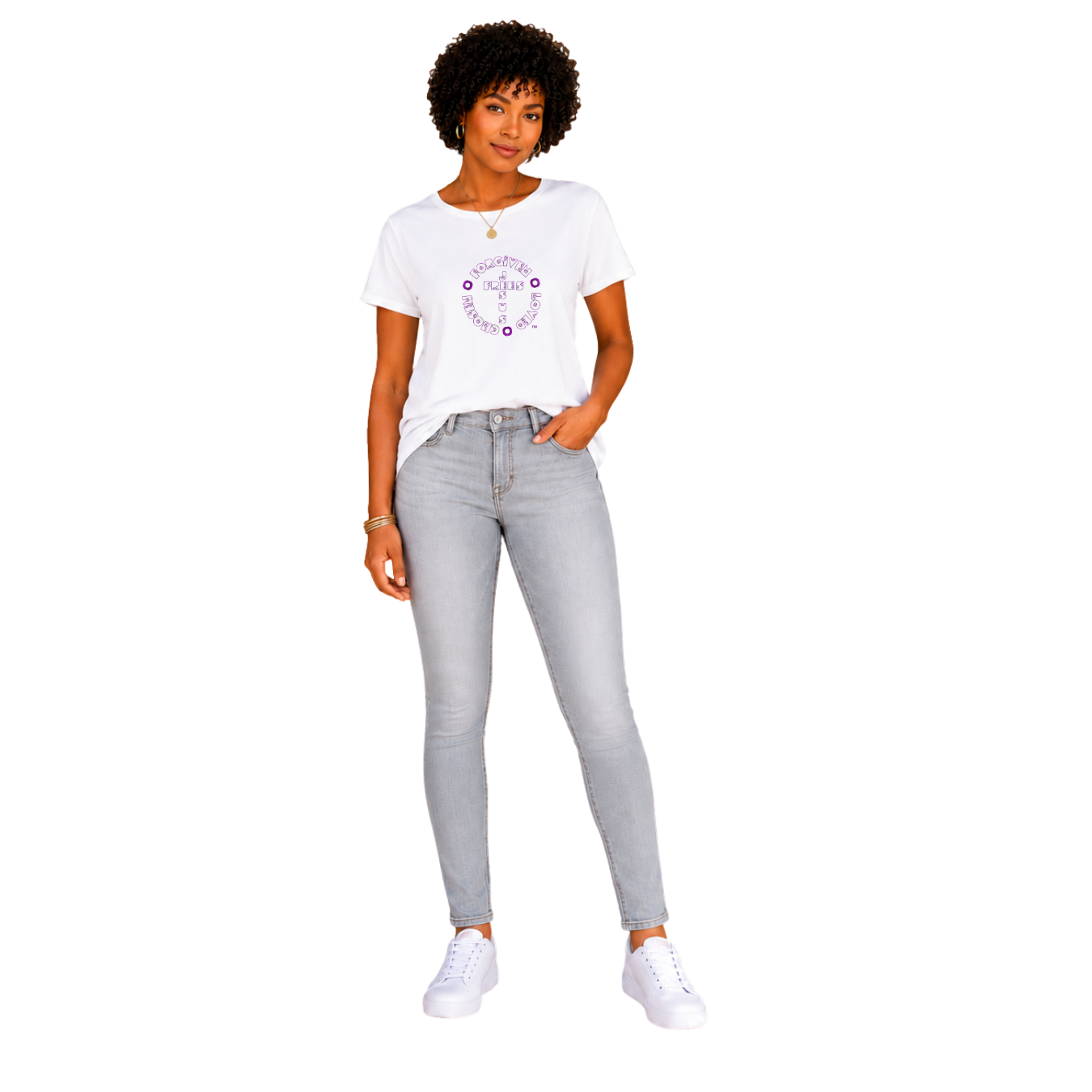 Jesus Frees - G64 Soft Style White Cotton Women's T-Shirt - Font 299 Flowers - Ephesians 6:10