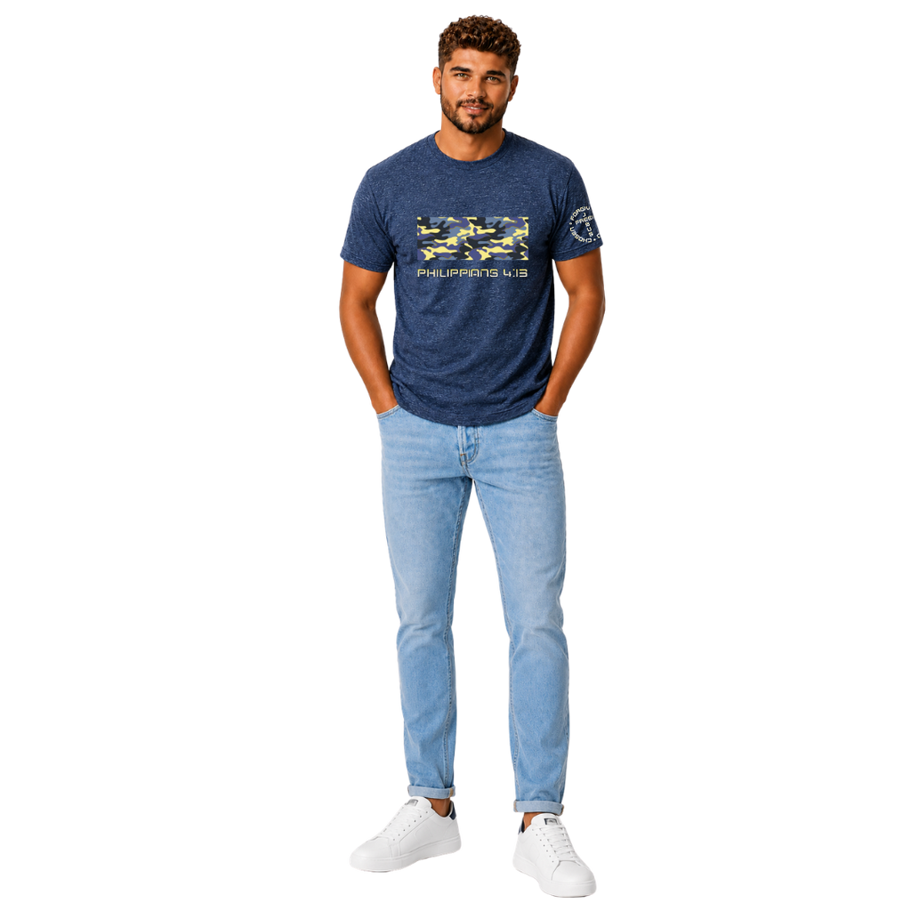 Jesus Frees | G20 Camo Blue Yellow Men's T-Shirt | Font 49 Yellow | Philippians 4:13