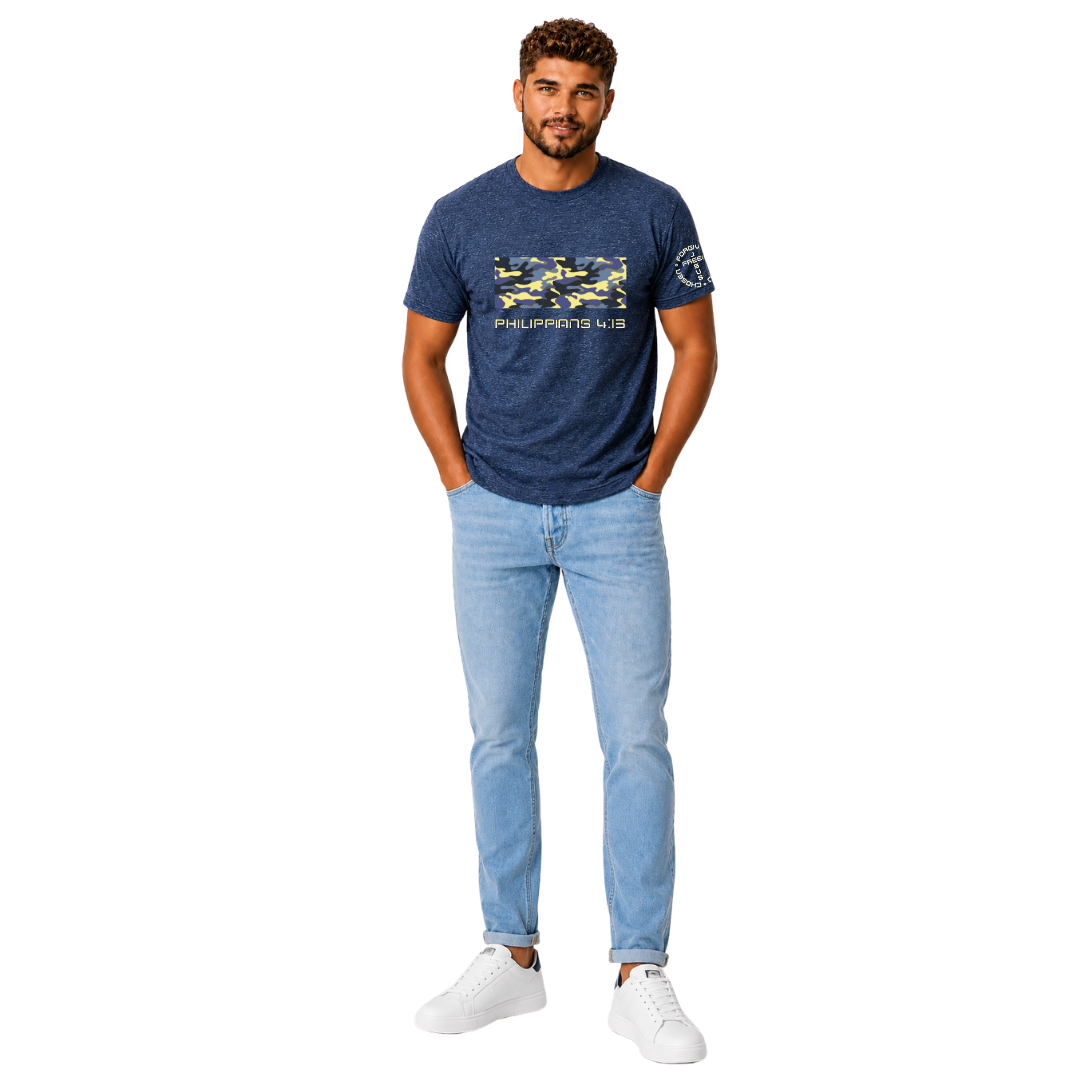 Jesus Frees | G20 Camo Blue Yellow Men's T-Shirt | Font 49 Yellow | Philippians 4:13