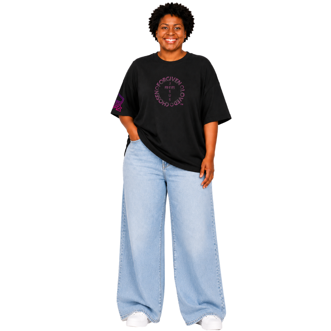 Jesus Frees - SICU Oversized Short Sleeve Women's Shirt - For the Bold & Courageous - Acts 9:5 + Prayer Font 122 Pink