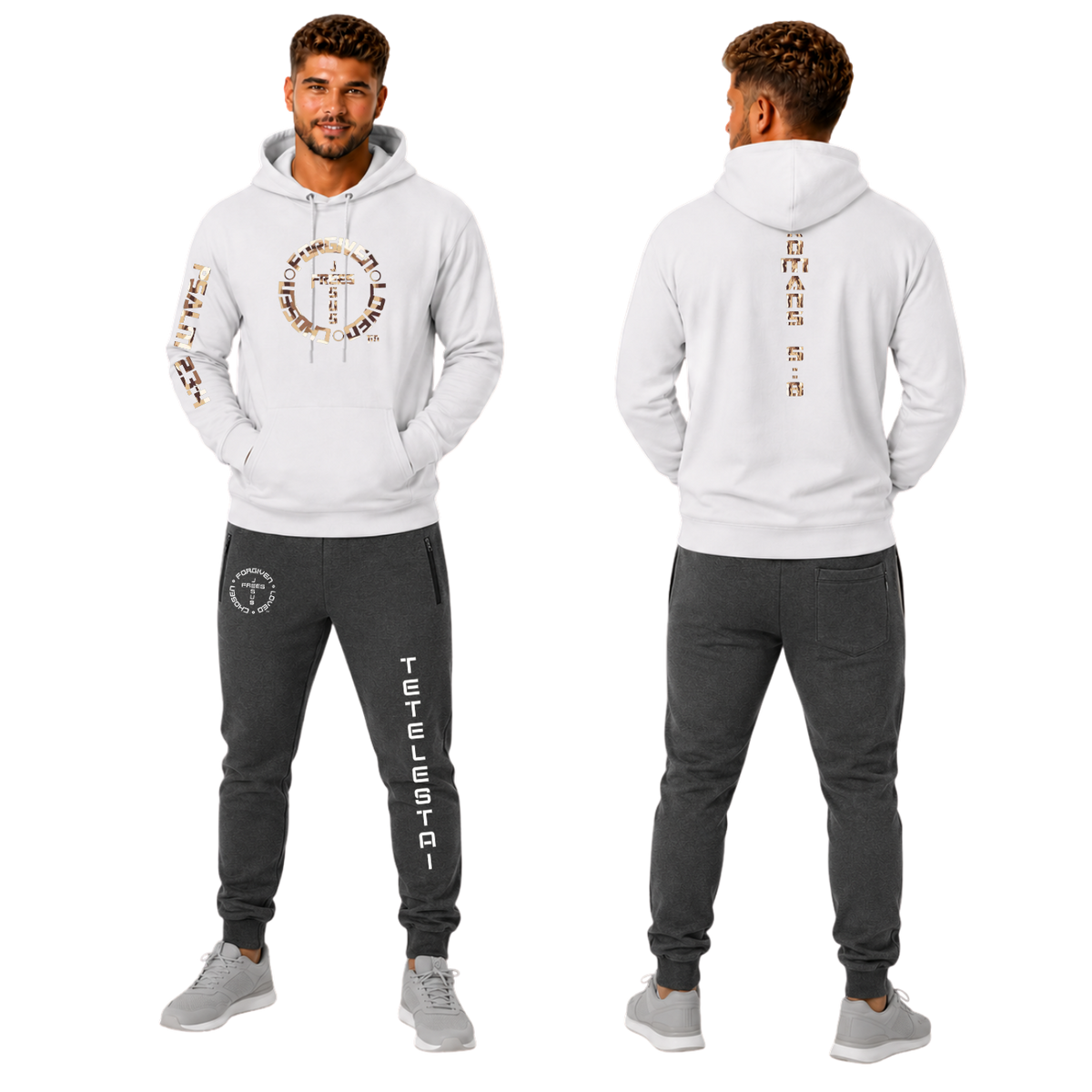 Jesus Frees™ Apparel | Men’s White Scripture Hoodie | Sand Camo Font 153 | 50/50