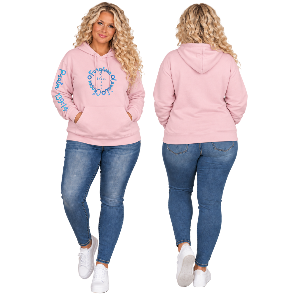 Jesus Frees™ Apparel | Women’s Light Pink Scripture Hoodie | Light Blue Font 223