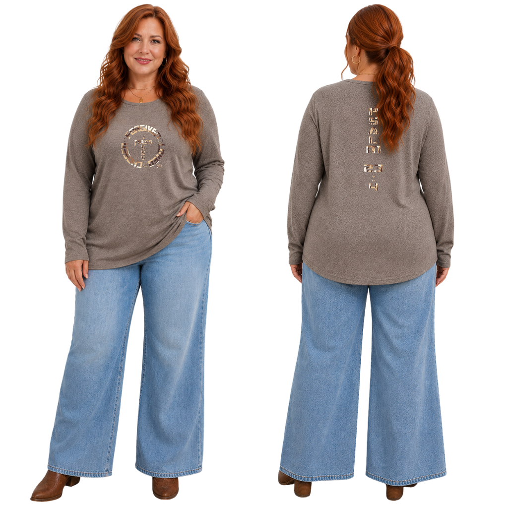 Jesus Frees - Joell Women's Long Sleeve Khaki Heather Crew Neck Shirt - 153 Sand Camo