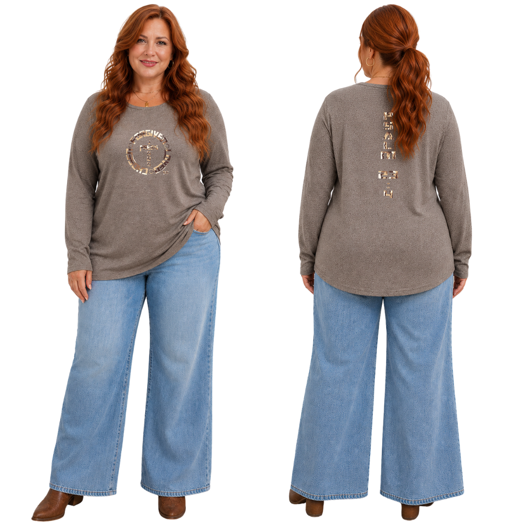 Jesus Frees - Joell Women's Long Sleeve Khaki Heather Crew Neck Shirt - 153 Sand Camo
