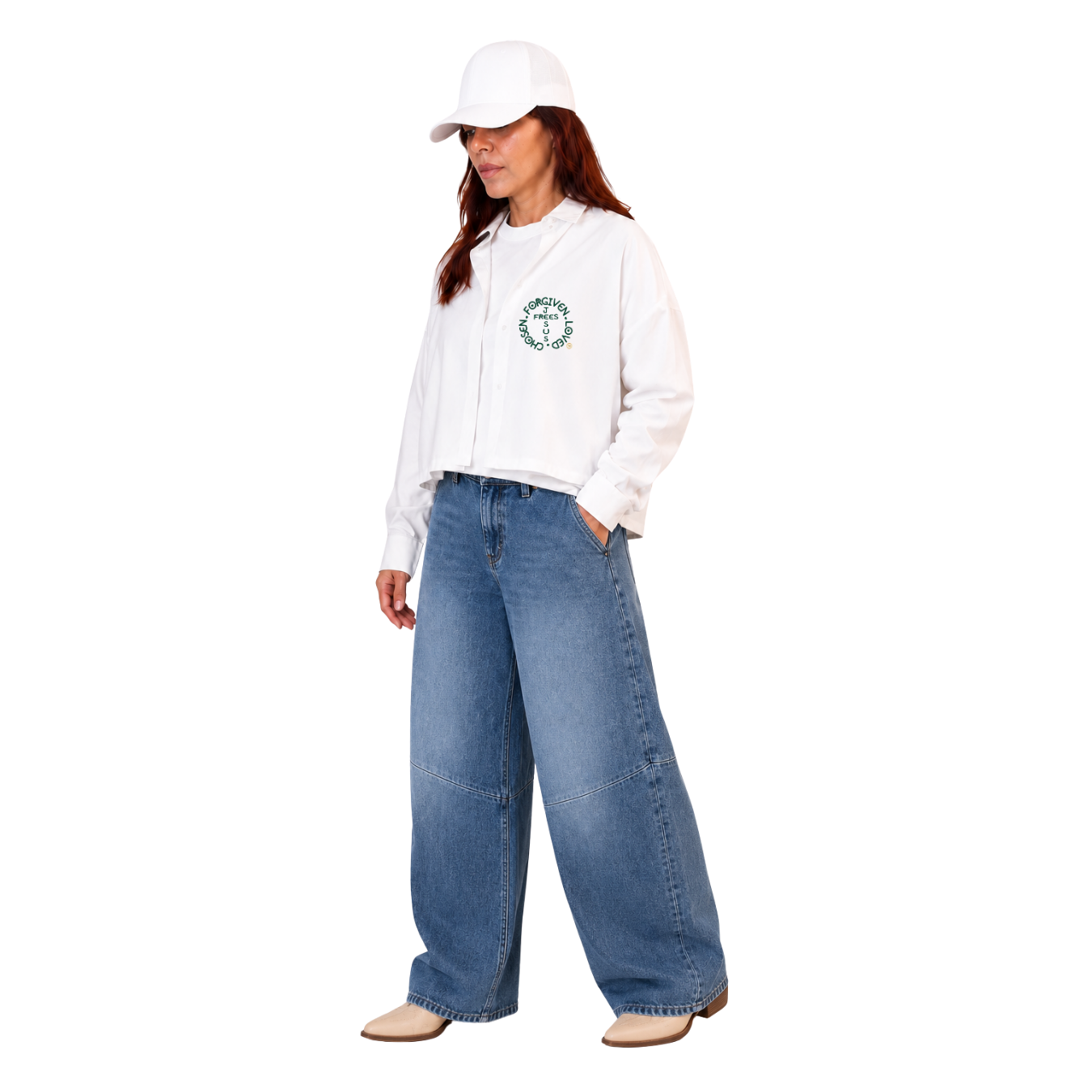 Jesus Frees - Cropped Lite Long Sleeve Summer Jacket - FONT 303 DARK GREEN
