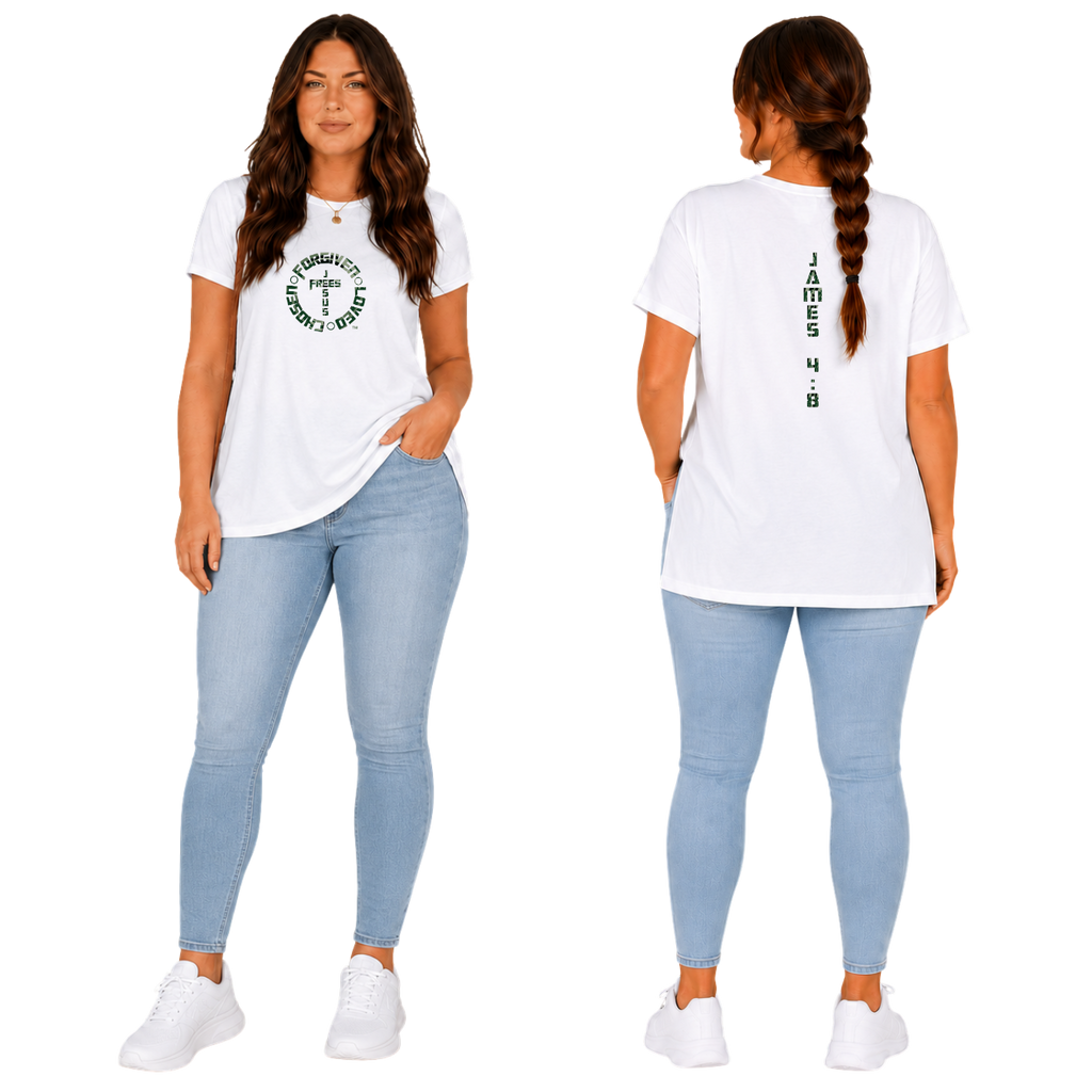 Jesus Frees - G64 Soft Style White Cotton T-Shirt - Font 153 Green Camo