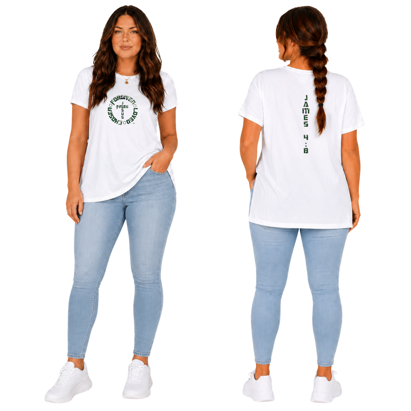Jesus Frees - G64 Soft Style White Cotton T-Shirt - Font 153 Green Camo