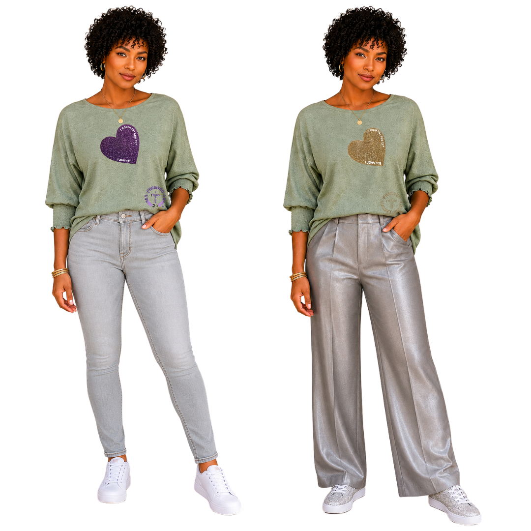 Jesus Frees - DK Women's Boat Neckline 3/4 Elastic Cuff - Hearts - Green Pastel