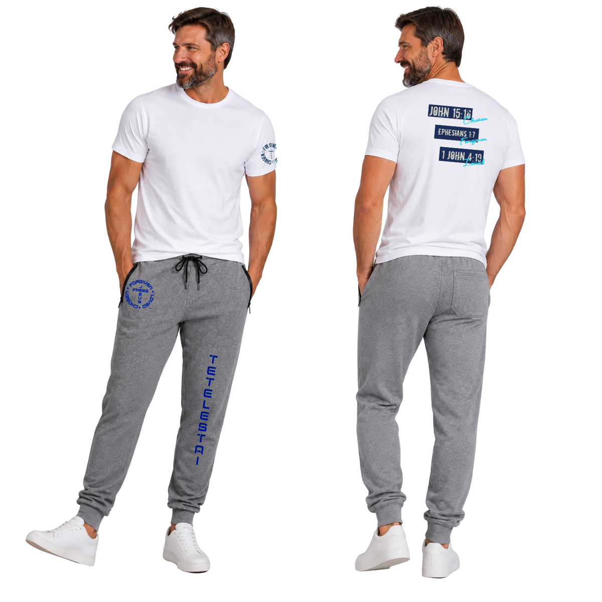 Jesus Frees™ Apparel | G64 Men's White Cotton Christian Tee | Free-Chosen-Forgiven-Loved | Font 60 Navy
