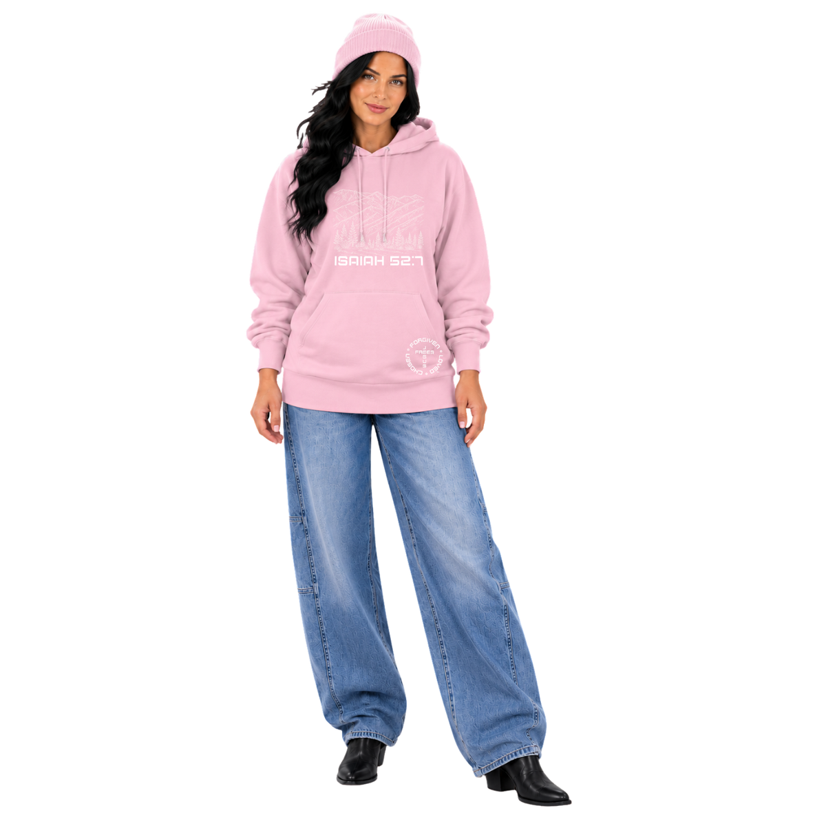 Jesus Frees™ Apparel | Women’s Scripture Hoodie | Montana Mountains | White Font 49