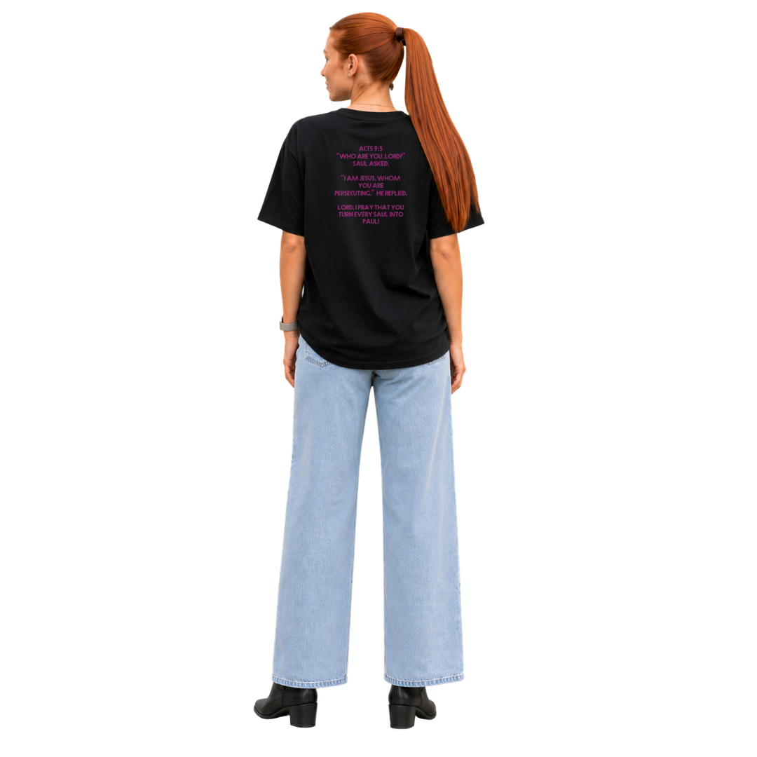 Jesus Frees - SICU Oversized Short Sleeve Women's Shirt - For the Bold & Courageous - Acts 9:5 + Prayer Font 122 Pink