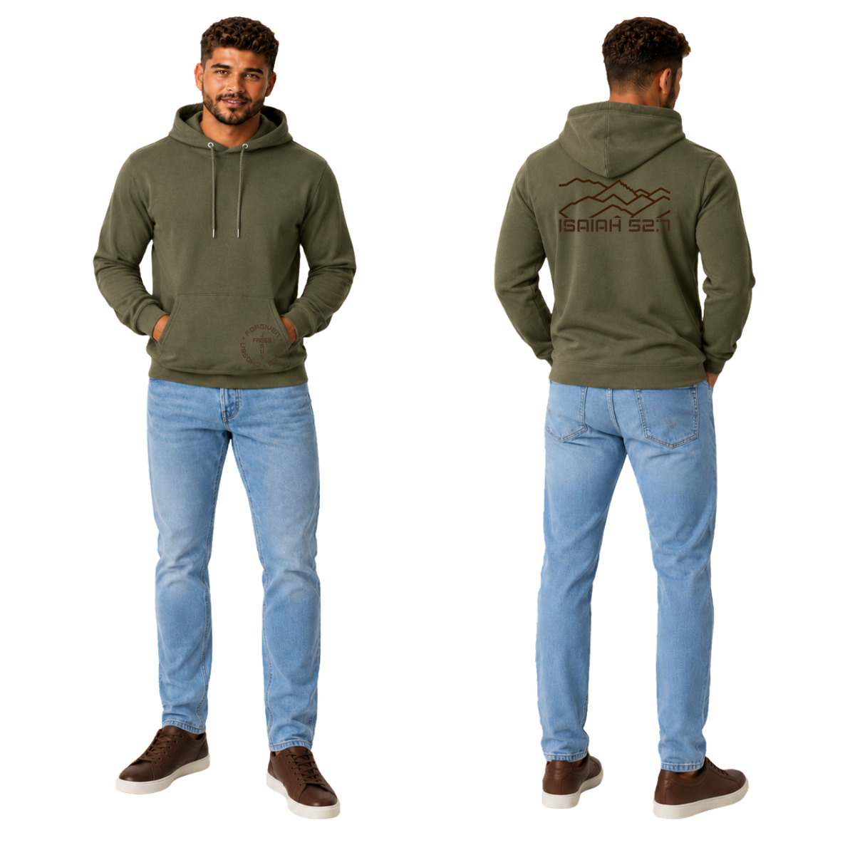 Jesus Frees™ Apparel | Men’s Military Green Scripture Hoodie | Montana Bridger Mountains | 50/50