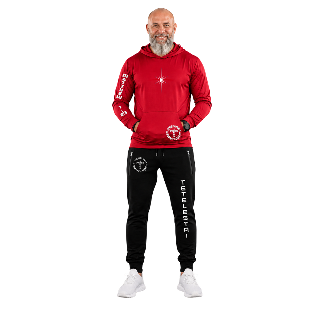 Jesus Frees™ Apparel | Men's Red Christmas Scripture Mesh Hoodie | White Font 153 | AE