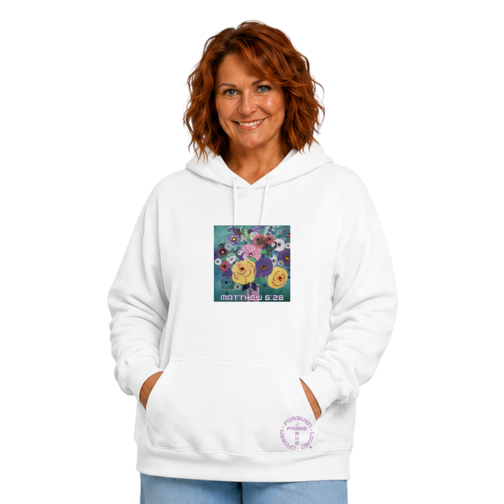 Jesus Frees™ Apparel | White Women's Scripture Hoodie | Flower Design | Font 49 | HA