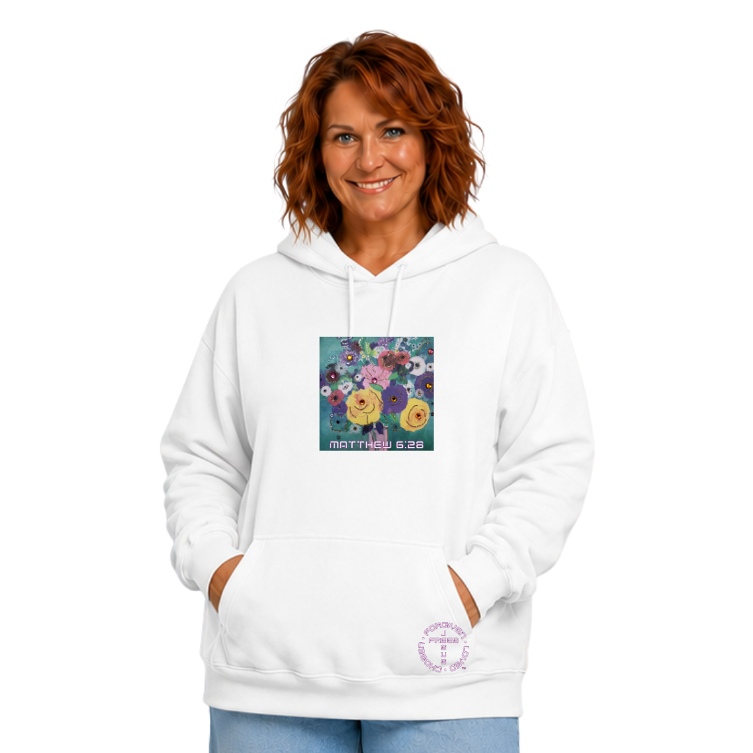 Jesus Frees™ Apparel | White Women's Scripture Hoodie | Flower Design | Font 49 | HA