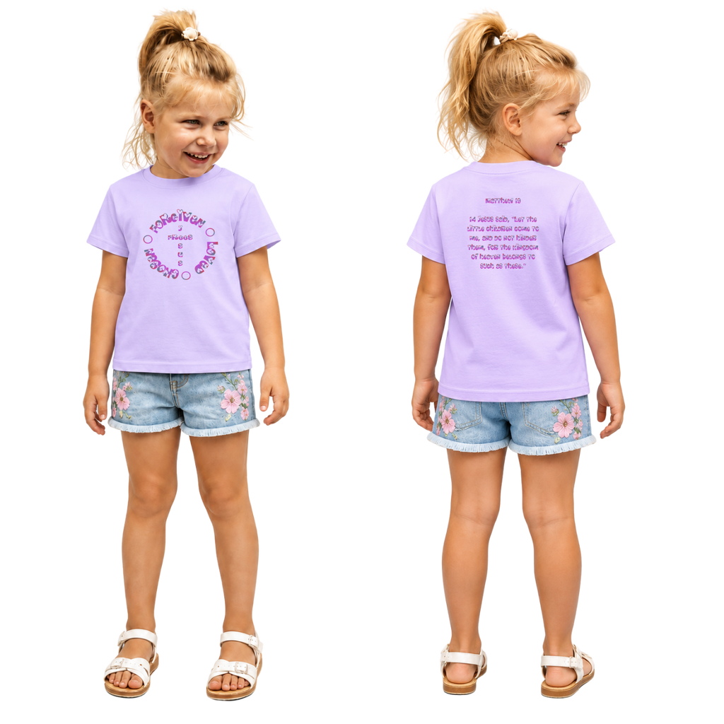 Jesus Frees - Kids 100% Cotton T-Shirts Girls - Font 58 Hearts Matthew 19:14 Pink-Purple Fade