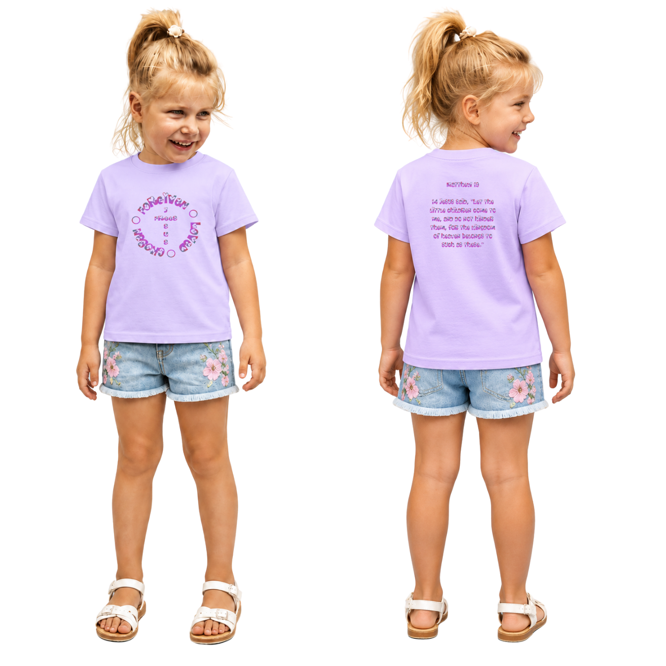 Jesus Frees - Kids 100% Cotton T-Shirts Girls - Font 58 Hearts Matthew 19:14 Pink-Purple Fade