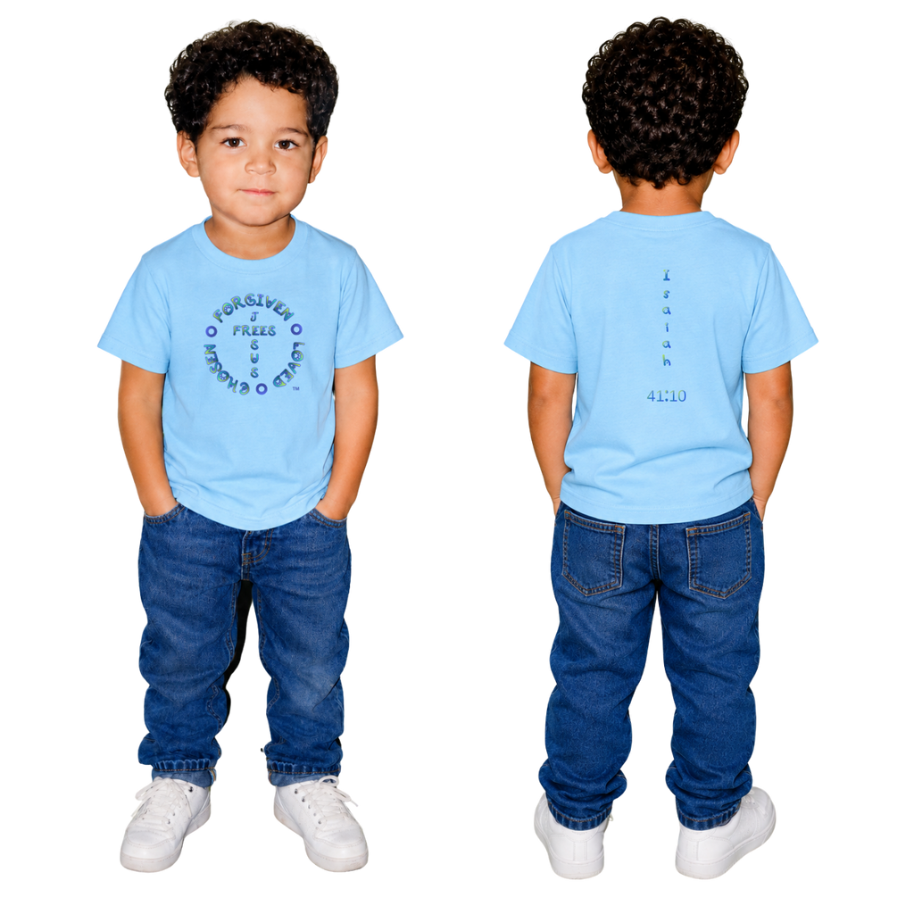 Jesus Frees - Kids 100% Cotton T-Shirts Boys - Font 97 Paws - Blue Fade