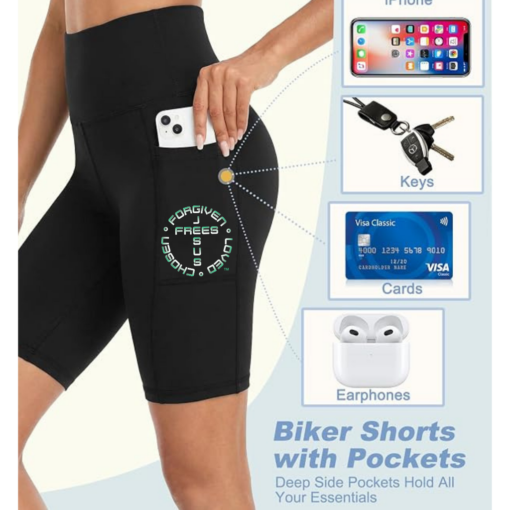 Jesus Frees - Women's 8" High Waisted Biker Shorts with Pockets - Font 49 Fade