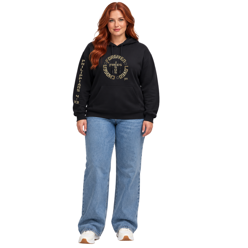Jesus Frees™ Apparel | Women’s Scripture Hoodie | Font 153 Gold