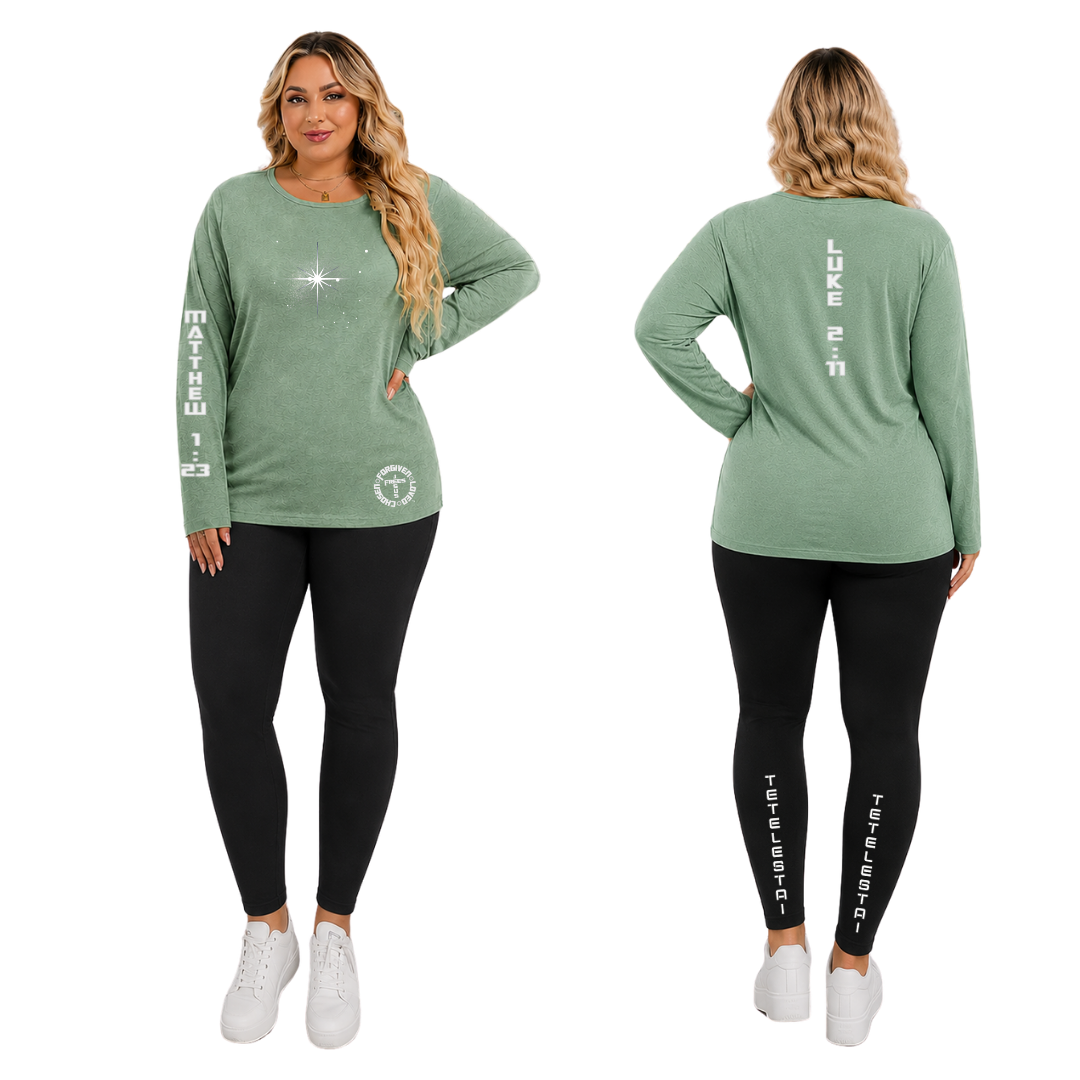 Jesus Frees - Joell Women's Long Sleeve Pastel Green Heather Crew Neck Shirt - 153 Star of Bethlehem