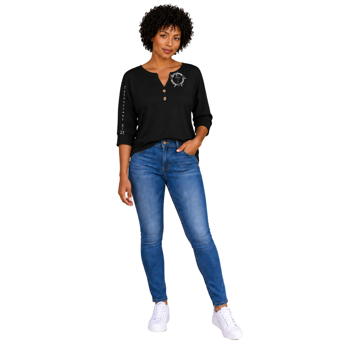 Jesus Frees™ Apparel | Women's Black Long Sleeve Scripture Shirt | 223 White