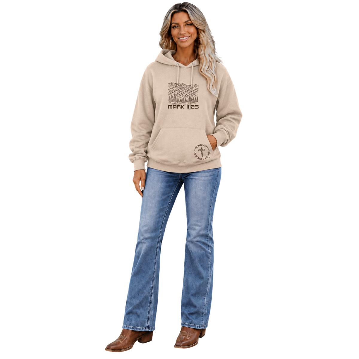 Jesus Frees™ Apparel | Women’s Sand Scripture Hoodie | Font 49 Montana Mountains