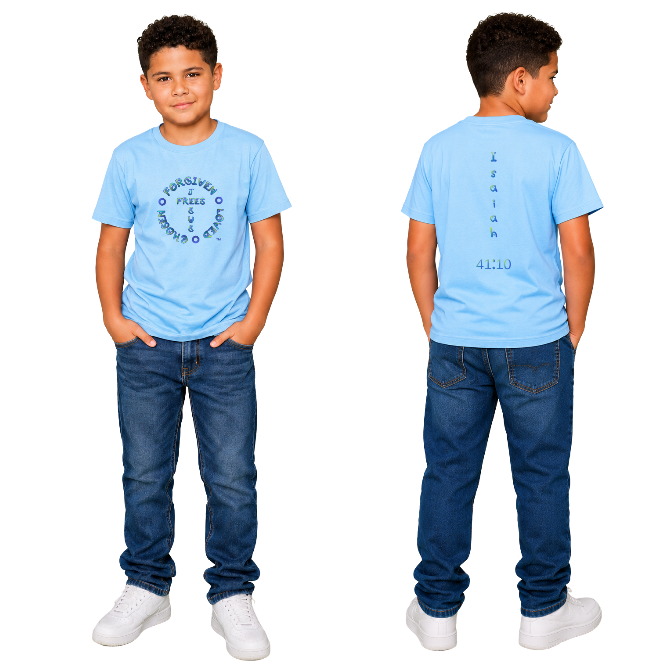Jesus Frees - Kids 100% Cotton T-Shirts Boys - Font 97 Paws - Blue Fade
