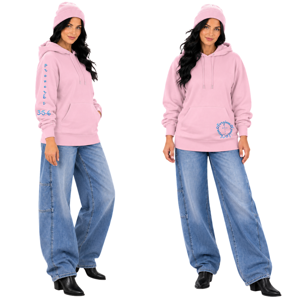 Jesus Frees™ Apparel | Women’s Light Pink Scripture Hoodie | Light Blue Font 223