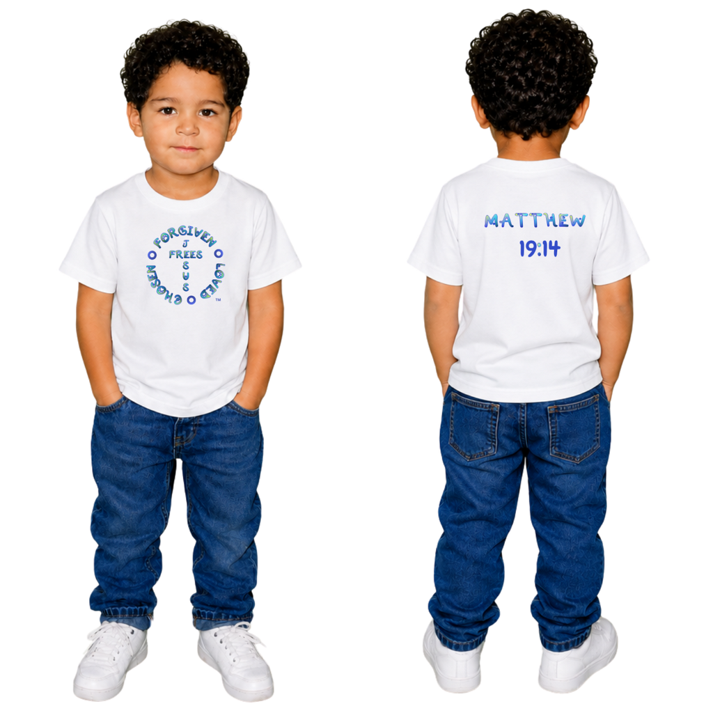 Jesus Frees - Kids 100% Cotton T-Shirts Boys - Font 97 Paws Matthew 19:14 Blue Green Fade