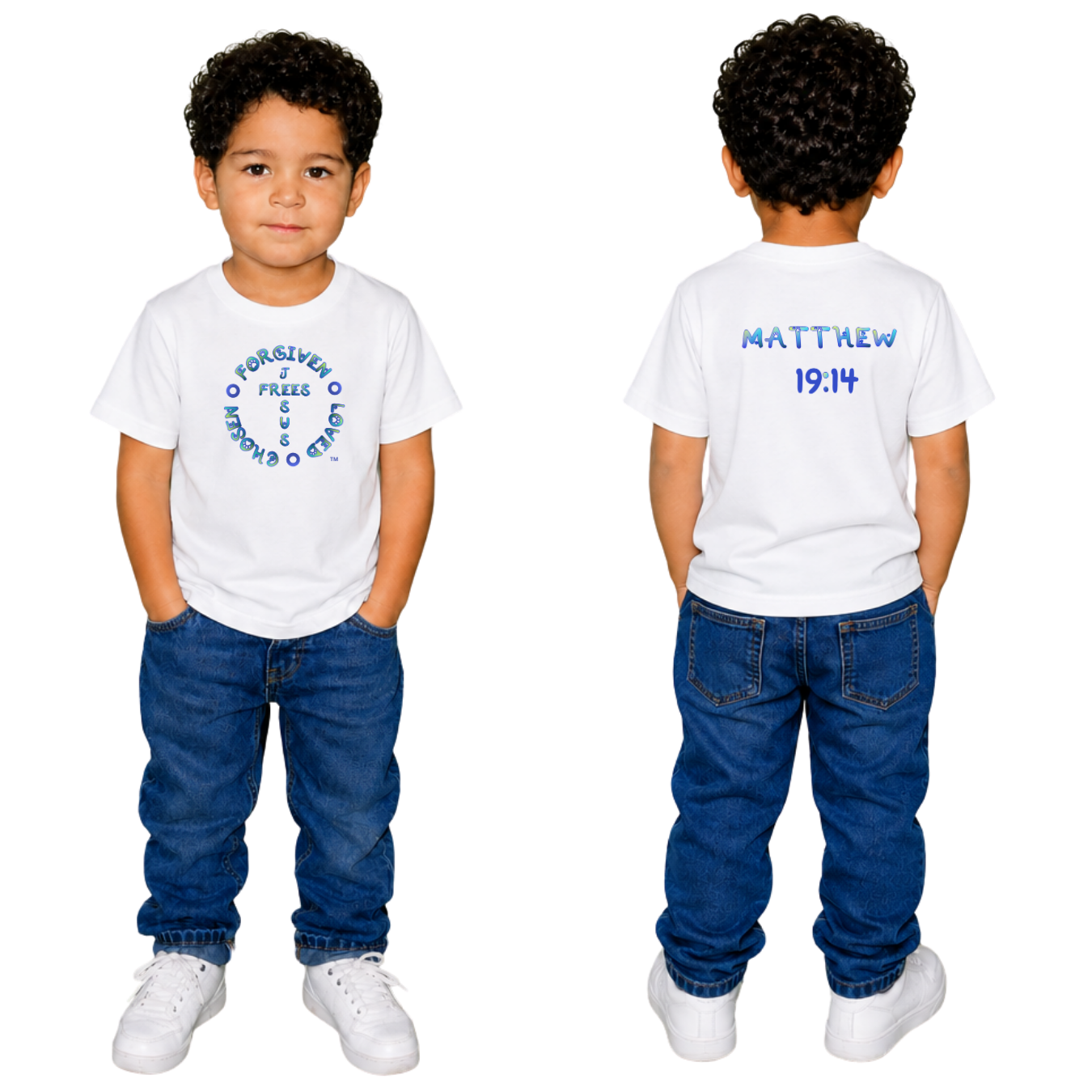 Jesus Frees - Kids 100% Cotton T-Shirts Boys - Font 97 Paws Matthew 19:14 Blue Green Fade