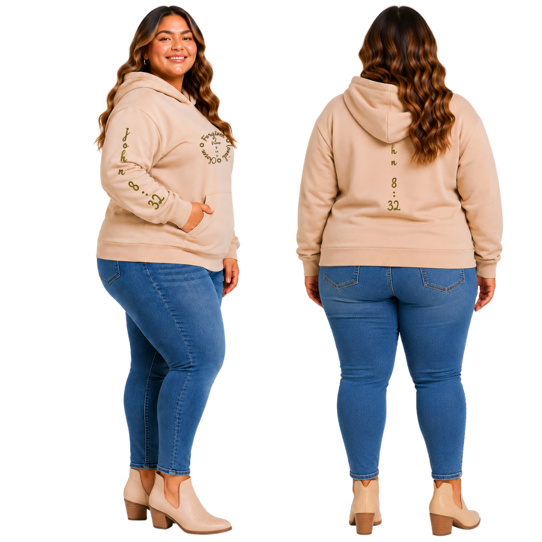 Jesus Frees™ Apparel | Women's Beige Long Sleeve Scripture Hoodie | Font 223 Brown | Tino