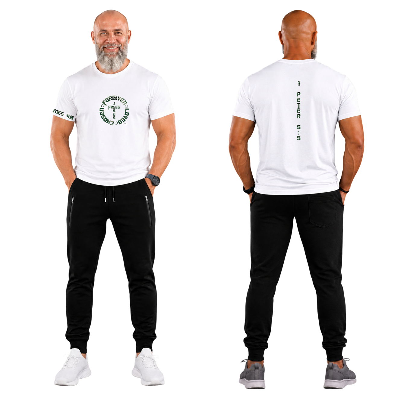 Jesus Frees - G64 Soft Style White Cotton T-Shirt - Font 153 Green Camo
