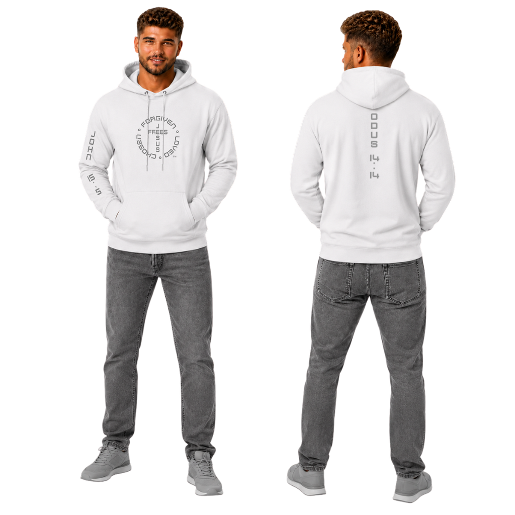 Jesus Frees | Men's White Heavy Cotton Hoodie | Font 49 Gray