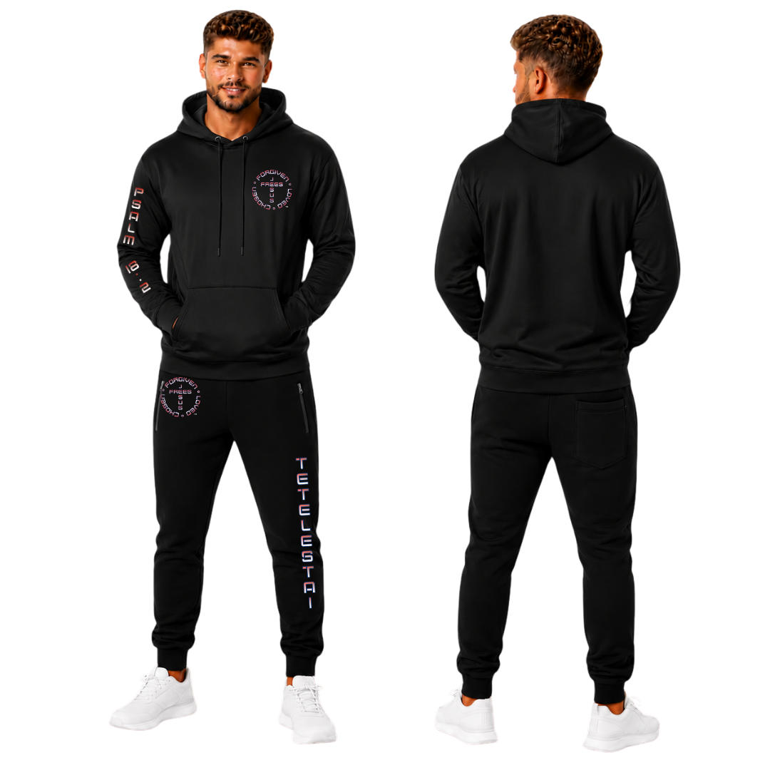 Jesus Frees | Champ Men's Black Jogger Sweatpants | Tetelestai Font 49 Fade