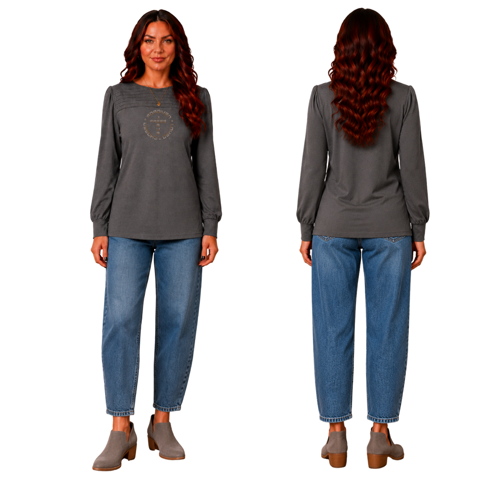 Jesus Frees™ Apparel | Women's Gray Long Sleeve Dressy Scripture Shirt | Font 49 Brown Gray Fade | XD