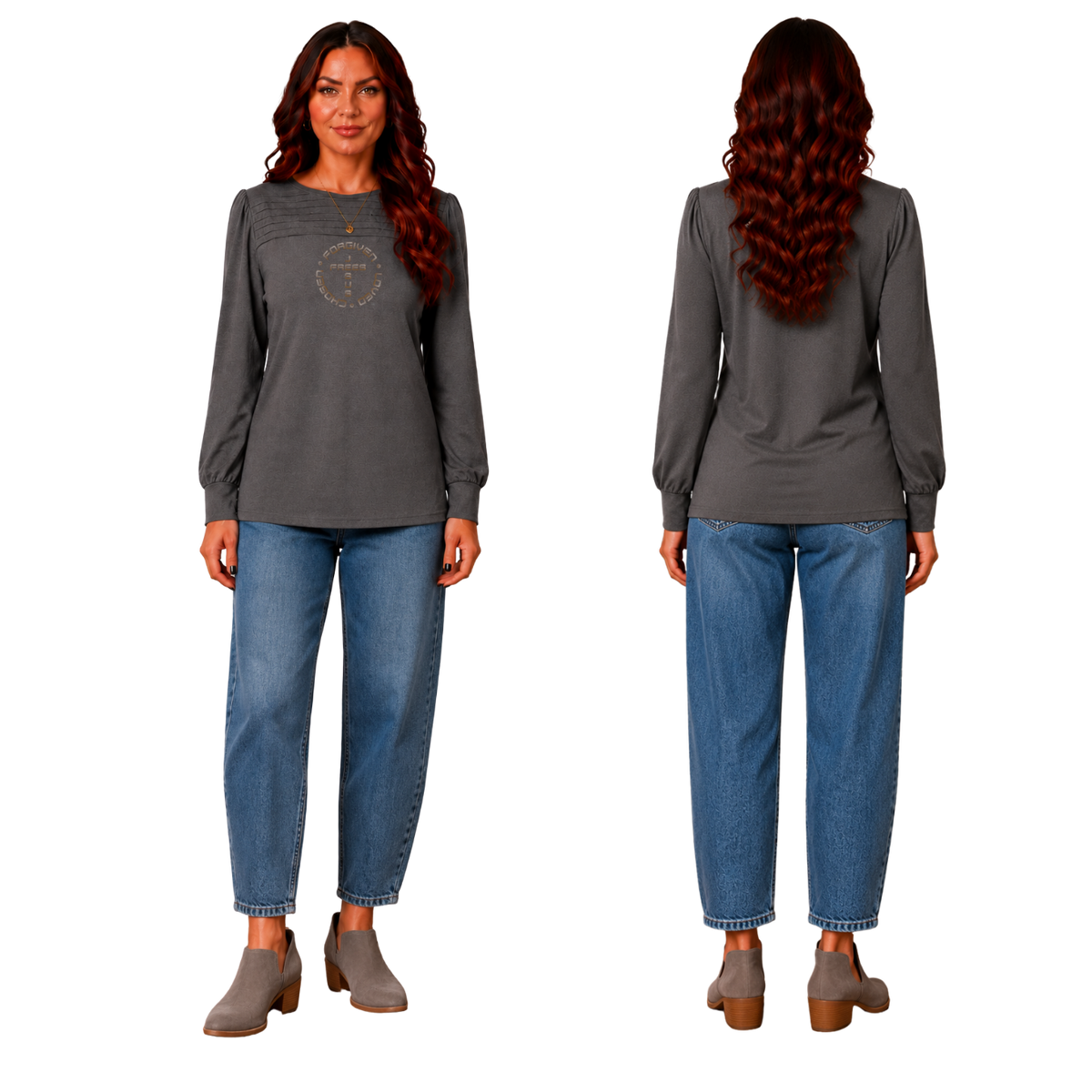Jesus Frees™ Apparel | Women's Gray Long Sleeve Dressy Scripture Shirt | Font 49 Brown Gray Fade | XD