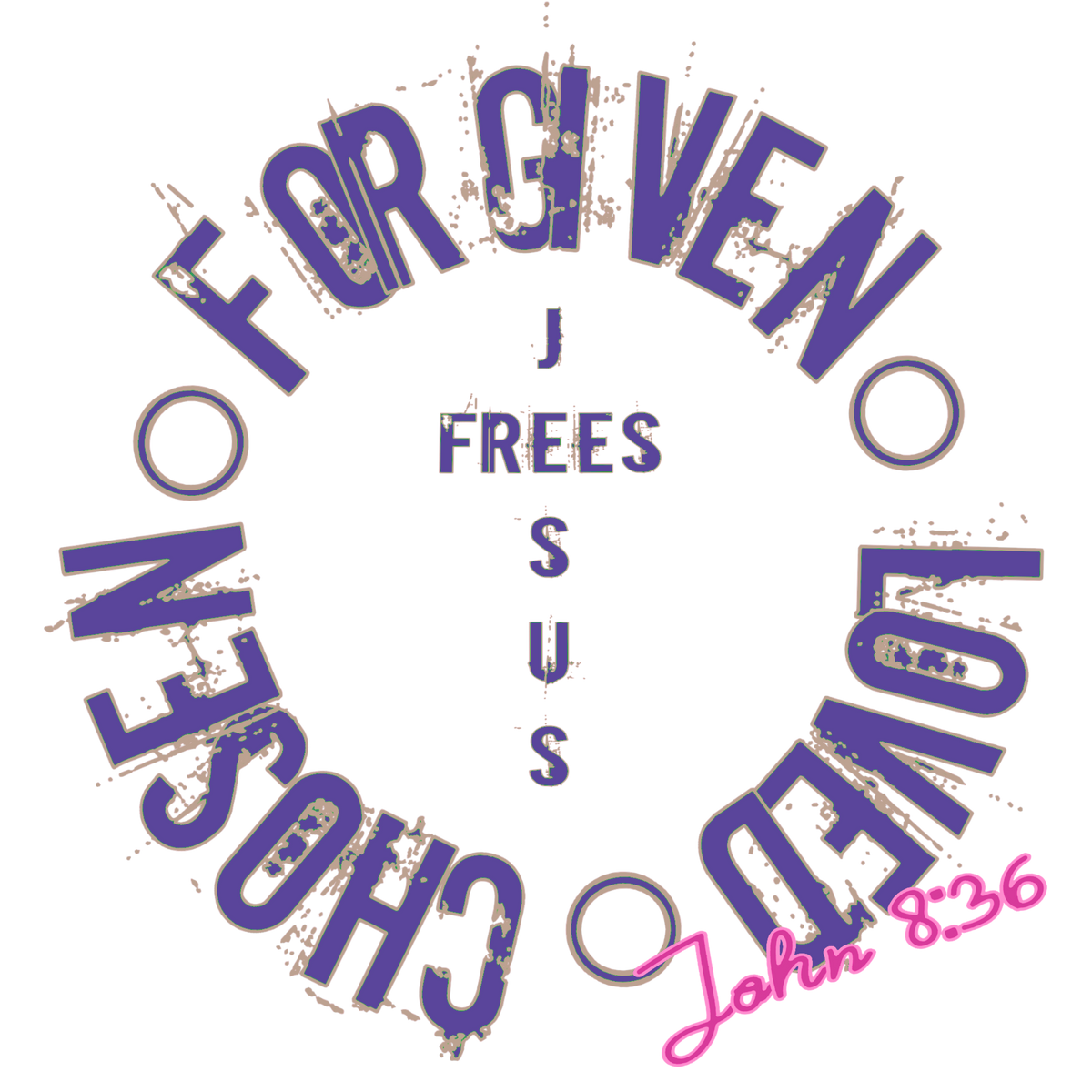 Jesus Frees™ Apparel | G64 Women's Soft Style White Cotton T-Shirt | Free-Chosen-Forgiven-Loved | Font 60 Purple