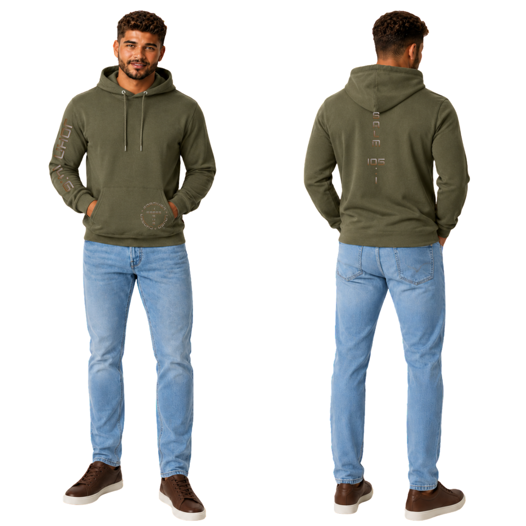 Jesus Frees™ Apparel | Men’s Military Green Scripture Hoodie | Brown Gray Fade Font 49 | 50/50
