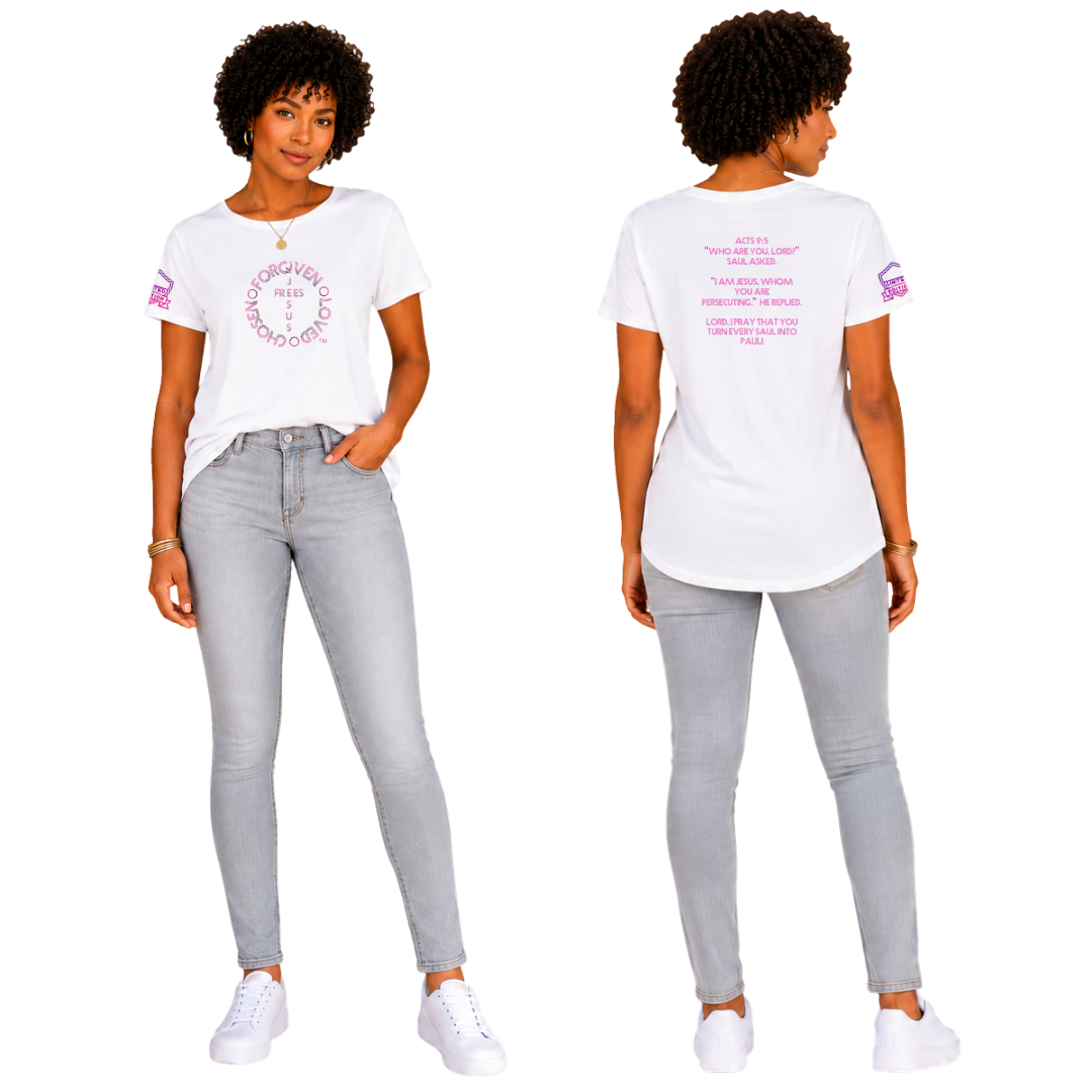 Jesus Frees - G64 Soft Style White Cotton Women's T-Shirt - For the Bold & Courageous - Acts 9:5 + Prayer Font 122 Pink