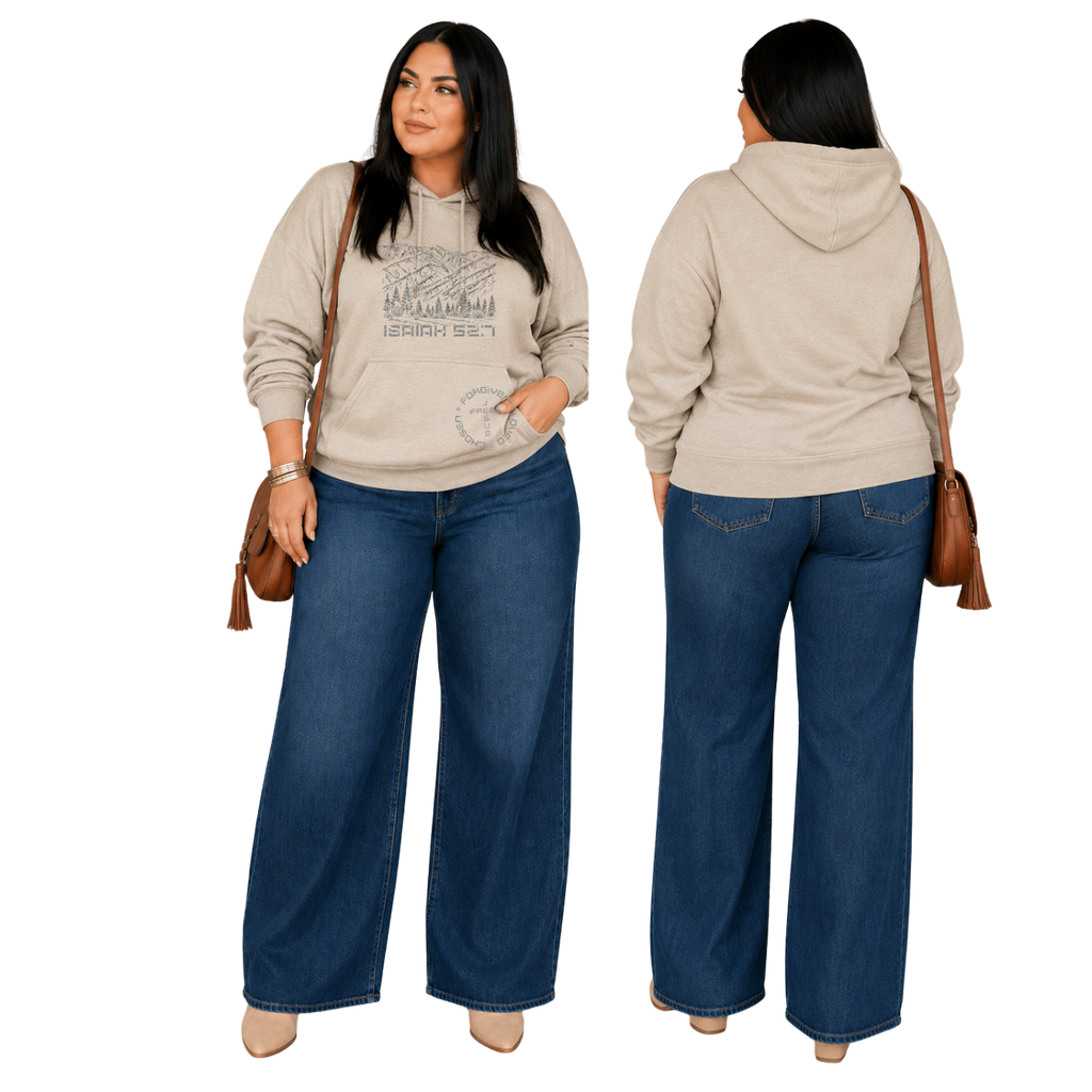 Jesus Frees™ Apparel | Women’s Sand Scripture Hoodie | Montana Mountains | Super Sparkle Font 49