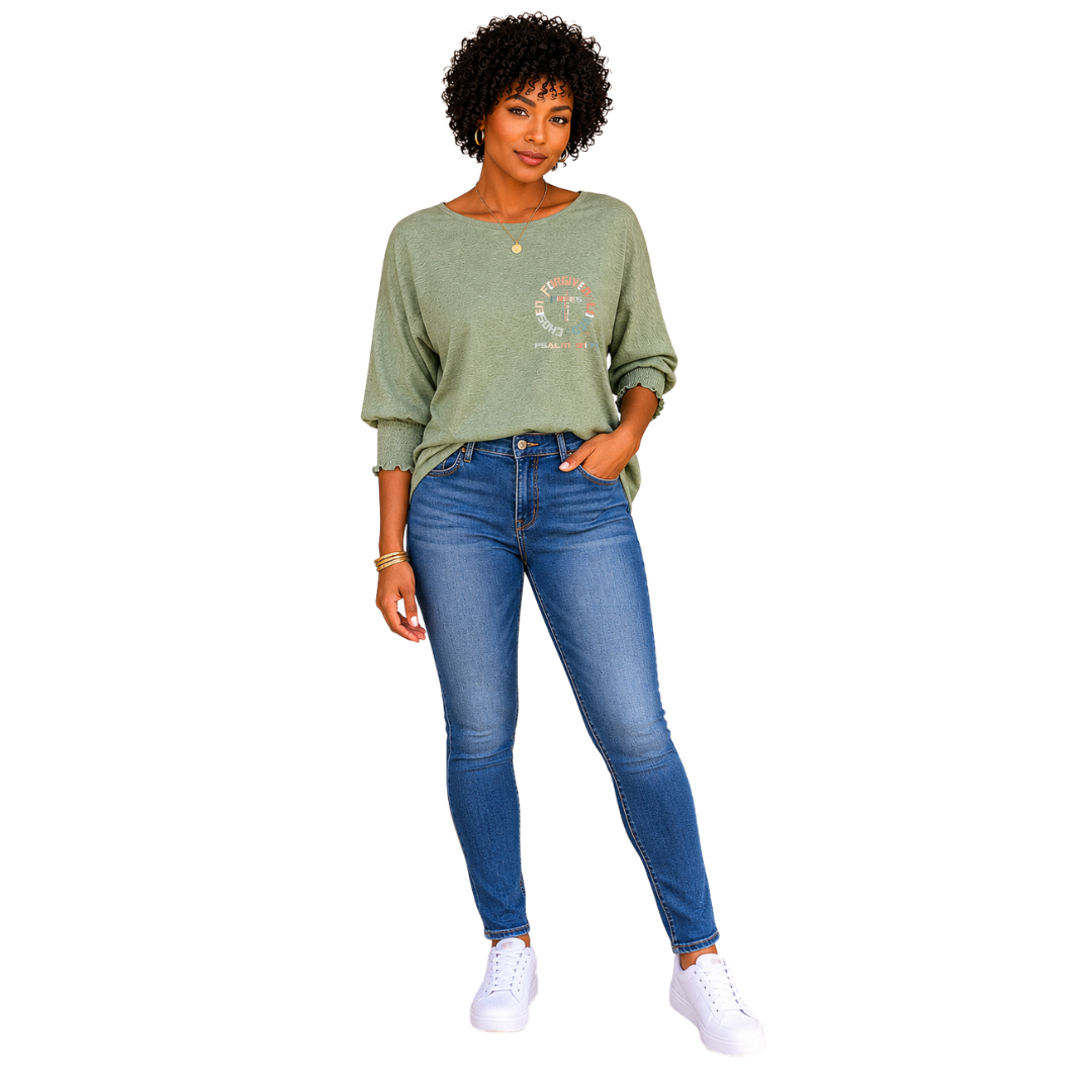 Jesus Frees - DK Women's Boat Neckline Pastel Green 3/4 Elastic Cuff - Font 153 Vertical Pastel