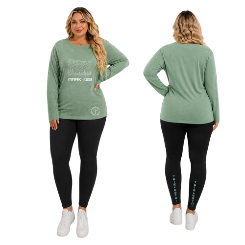 Jesus Frees - Joell Women's Long Sleeve Green Pastel Heather Crew Neck Shirt - Montana Mountains Font 49 White