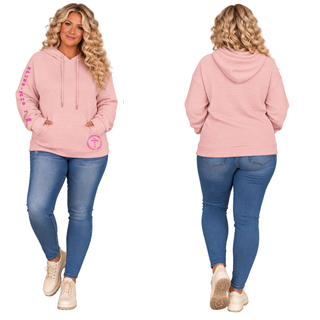 Jesus Frees™ Apparel | Women’s Plus Size Pink Waffle Scripture Hoodie | Font 143